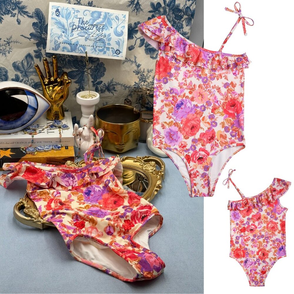 🆕 ZIMMERMANN KIDS 🧿 NWT Raie Frill 1 Shoulder 1PC, Red/Purple Floral - Sz 2 Y